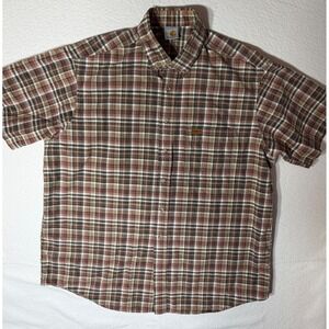 Carhartt Mens Plaid Short Sleeve Button Up Shirt‎ Brown Classic Fit Work 2XL